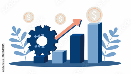 Business growth concept with gear, growing bar chart, and dollar coins