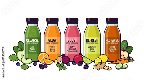Flat vector illustration of colorful detox juice bottles with labels showing lemon, mint, cucumber, and berries