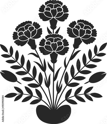 Flower bouquet silhouette illustration showing blooming carnations in decorative pot, symmetrical leaves, buds, gardening, nature, floral design, and ornamental artwork.