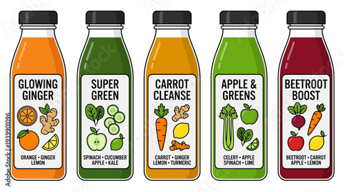 Flat vector illustration of colorful detox juice bottles with labels showing lemon, mint, cucumber, and berries