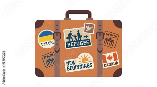 Minimal flat vector illustration of a refugee suitcase suit