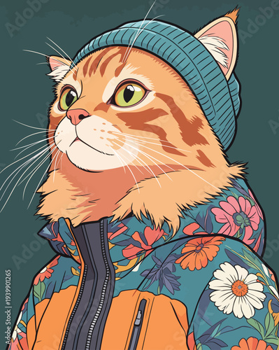 A cat is standing with a serious look, dressed in a colorful floral jacket and a knitted beanie. The background is simple and dark.