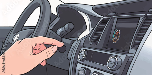 A hand is reaching for the car radio switch while other controls and a screen are visible in the vehicle cabin.