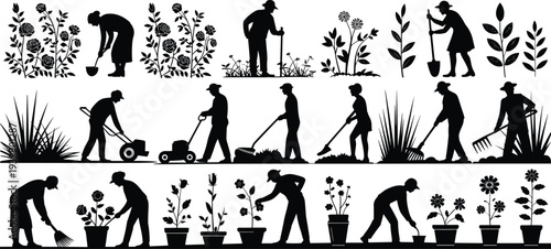 Gardening silhouette illustration showing people planting, watering, digging, mowing, raking, landscaping, garden care, horticulture, teamwork, and outdoor maintenance activities.