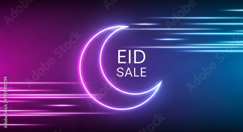 Eid Sale Neon Crescent Moon with Glowing Lines Abstract Background