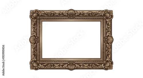 Ornate vintage picture frame with decorative carvings and shells, isolated on white background