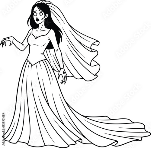 Haunting ghost bride vector illustration with flowing wedding gown, veil, eerie expression, supernatural gothic artwork for Halloween and fantasy storytelling