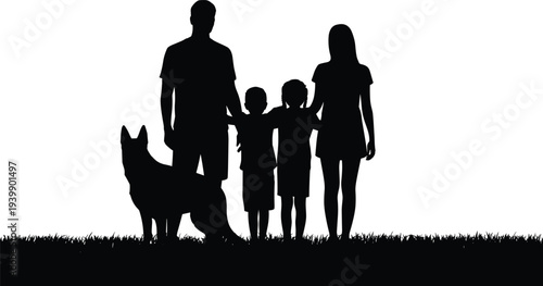 Happy family silhouette with father mother two children and pet dog standing on grass outdoors at sunset for togetherness concept.