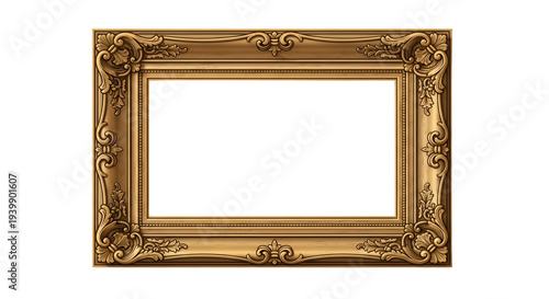 Ornate Golden Picture Frame with Ornate Details, Isolated on White Background