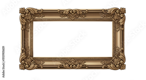 Ornate antique gold picture frame with decorative carvings, isolated on white background