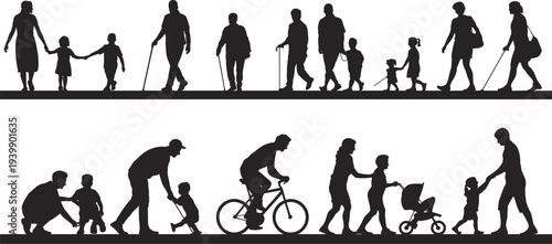 Human life cycle silhouette illustration showing children, adults, elderly walking, caregiving, playing, cycling, scooters, strollers, and diverse age interactions.