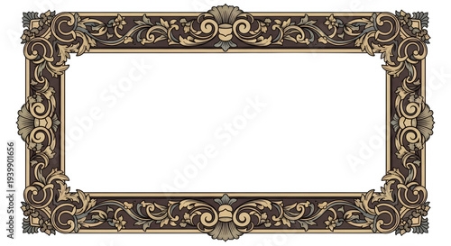 Ornate decorative frame with vintage floral scrollwork and elegant border, isolated on white background