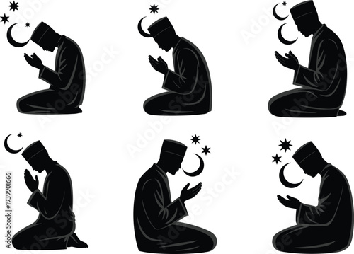 Islamic prayer silhouette illustration showing worshippers kneeling with crescent moon and star, devotion, spirituality, religion, culture, and faith concept.