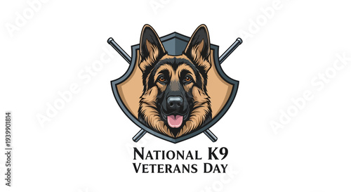 Illustration of a German Shepherd dog's head on a shield with crossed swords, commemorating National K9 Veterans Day in a bold, graphic design.