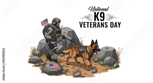 Illustration of a military K9 dog and handler on National K9 Veterans Day with patriotic elements and rocky terrain.