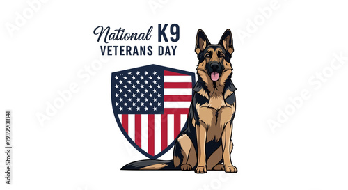 Vector illustration of a German Shepherd dog sitting proudly next to a shield with the American flag, commemorating National K9 Veterans Day with a patriotic design.