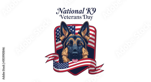 Vector illustration of a German Shepherd dog's head with American flag for National K9 Veterans Day, a patriotic design honoring military working dogs.