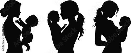 Motherhood silhouette illustration showing women holding babies, maternal care, nurturing affection, family bonding, parenting love, and emotional connection concept.