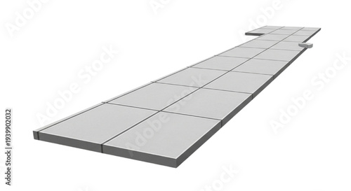 Abstract 3D rendering of a long modular grey pathway constructed from rectangular panels, extending into the distance, conveying modern design