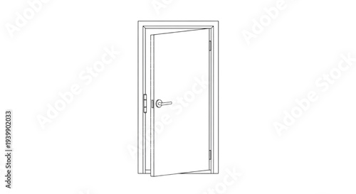 Crisp line drawing of a modern door slightly ajar, suggesting an open invitation or a passage to discovery