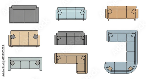 Diverse Top View Sofa and Sectional Furniture Layouts for Interior Design Planning Graphics