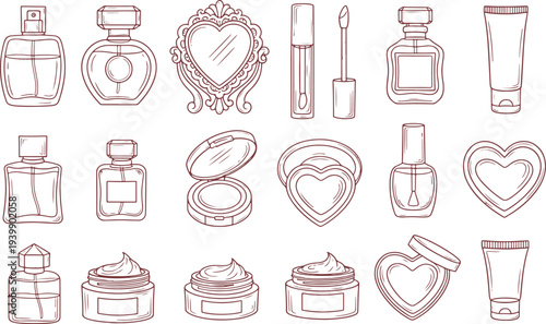 Cosmetic beauty products set with perfume bottles cream jars heart shaped mirrors and makeup essentials in a hand drawn vector illustration doodle art