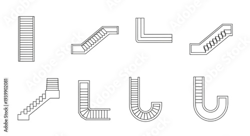 Set of various stair and escalator vector line icons showing different views and architectural types