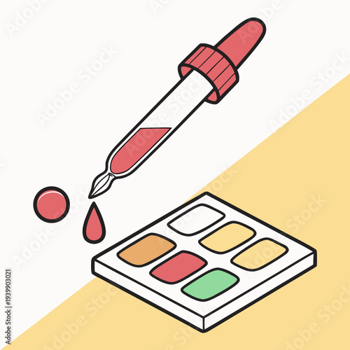 Isometric watercolor paint palette with dropper tool and red liquid drops on minimalist background for artistic design projects and creative work