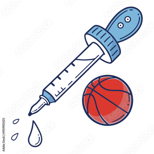 Blue pipette dropper dripping liquid next to a red basketball illustration representing sports science and player hydration concepts in vector style