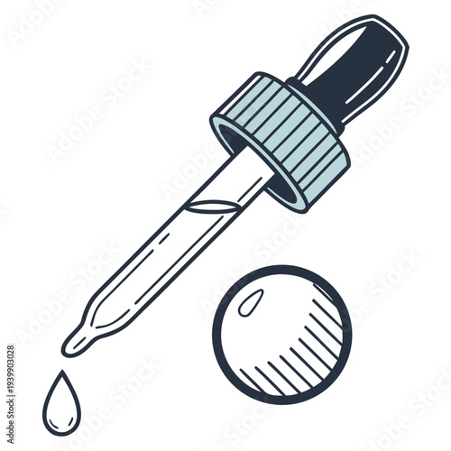 Dropper with liquid inside, dropping a single drop, and a sphere with an empty interior on an isolated white background
