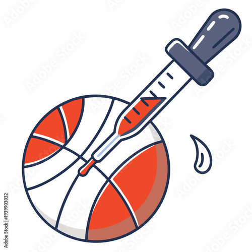 Dropper injecting red liquid into a basketball, with a single drop of red liquid falling next to it on an isolated white background
