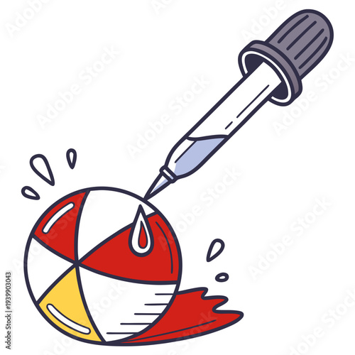 Dropper injecting liquid into a beach ball, causing a splash and red liquid to pour out on an isolated white background