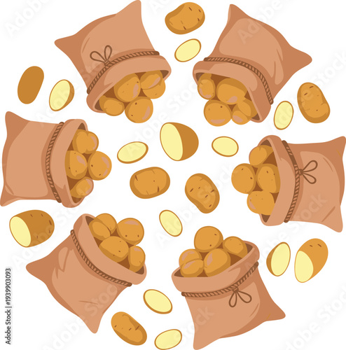 Circular Money Bag Illustration with Burlap Sacks Full of Golden Coins, Scattered Wealth Elements and Playful Abundance Design for Finance, Savings and Prosperity Graphics