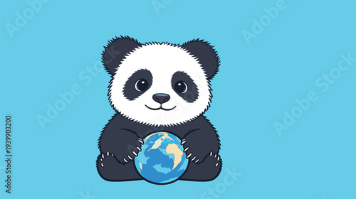 A cartoon panda sits and holds a globe in its paws on a blue background. The design is simple and fun, appealing to many.