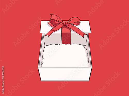A white box with a red ribbon sits on a red surface. The box is open and filled with white packing material.