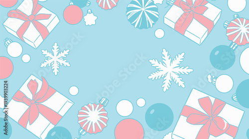 Colorful gifts and ornaments are spread on a light blue background, creating a winter festive feeling. Snowflakes add to the theme.