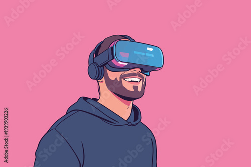 A man wears a virtual reality headset and smiles with joy. He enjoys an immersive experience in a colorful space.