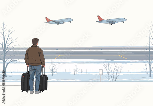A person waits with luggage while looking at two airplanes landing at an airport during winter time. Snow covers the ground.