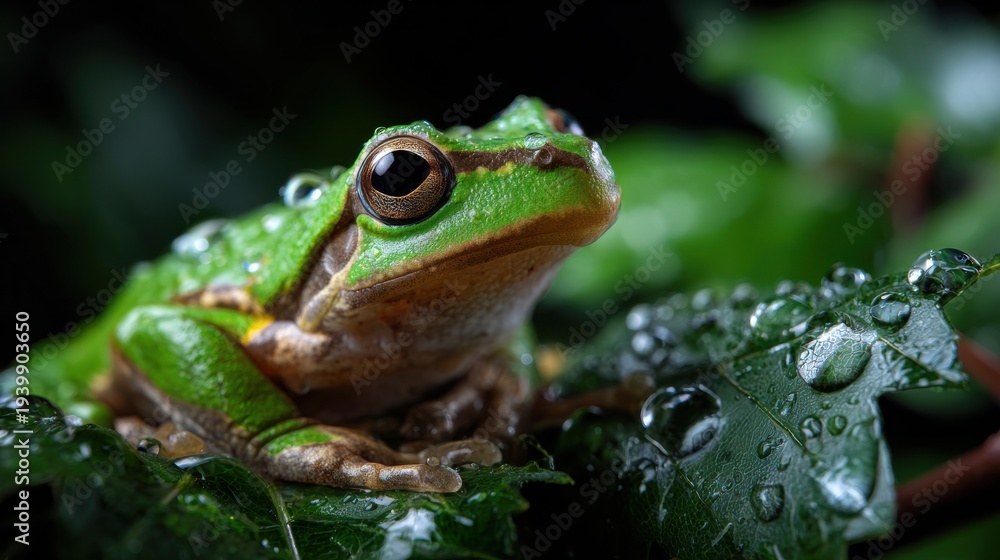 Fototapeta premium A vibrant green tree frog sitting on a wet leaf,