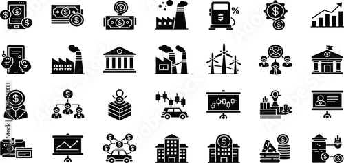 Business and Finance Icon Set Featuring Banking, Investment, Industry, Growth Charts, Renewable Energy, Corporate Teamwork, Money Management, and Economic Development Vector Symbols