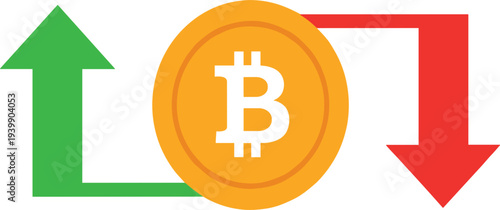 Bitcoin Price Volatility Concept with Up and Down Arrows Around Cryptocurrency Coin Symbolizing Crypto Market Fluctuation, Trading Risk, and Digital Currency Movement