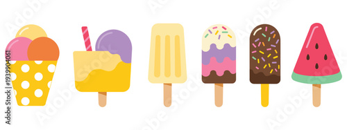 ice cream dessert illustration set, gelato frozen yogurt sweet treats collection isolated on white background seasonal food for summer holidays vacations and tropical resort themes, flat design clip a