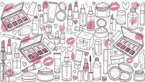 Set of cosmetic beauty products and skincare bottles with makeup palettes lipstick and brushes in a hand drawn vector illustration doodle art