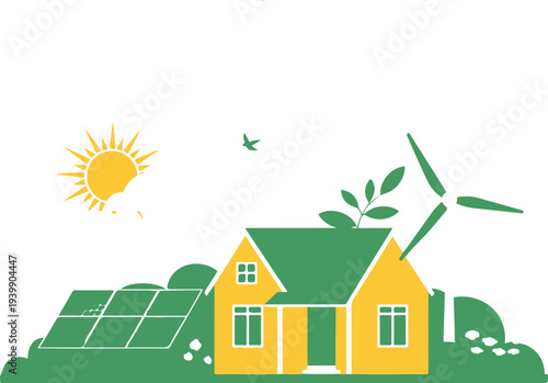 "Cartoon Eco-Friendly House with Solar Panel and Wind Turbine Under Bright Sun for Sustainable Living"
