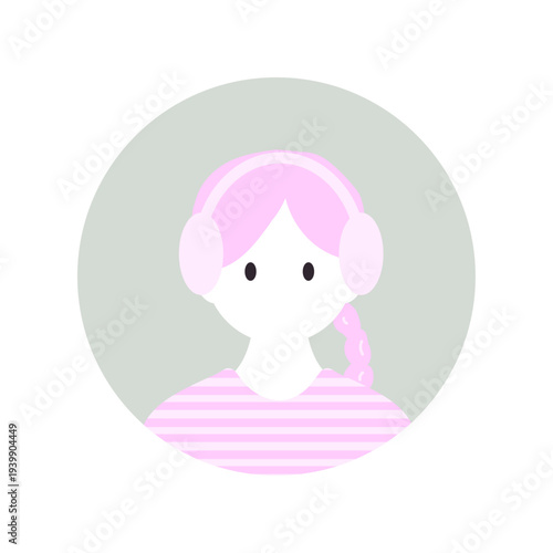 
ヘッドフォンで音楽を聴く女性のシンプルフラットアイコンイラスト
