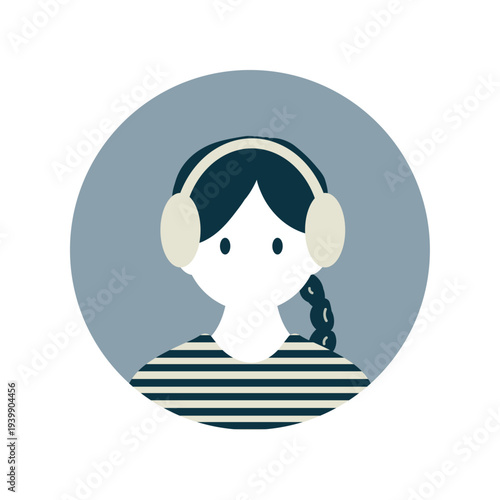 
ヘッドフォンで音楽を聴く女性のシンプルフラットアイコンイラスト
