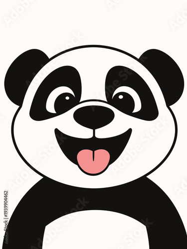 A cartoon panda is smiling widely, showing happiness with its tongue out and bright eyes. The panda has large black patches around its eyes.