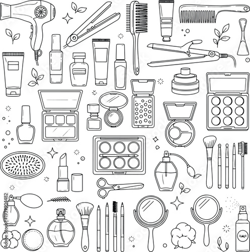 Professional beauty salon tools and cosmetic makeup products with hair styling accessories in a line hand drawn vector illustration doodle art