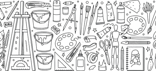 Creative hobby art supplies and professional artist tools with easel paint brushes sketchbook and stationery accessories hand drawn vector illustration doodle art