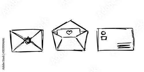 Set of hand drawn envelope with letter inside Mail and correspondence doodle Love, communication, invitation Single element for design, print, decor
